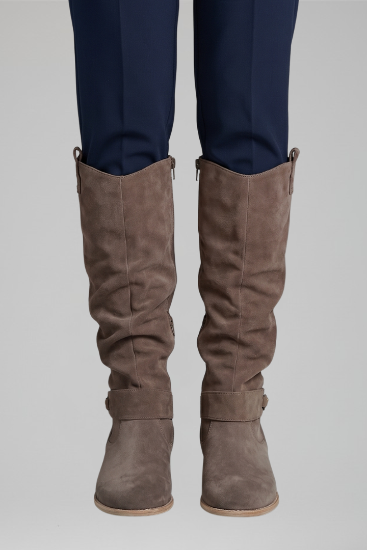 Women's beige knee-high boots with side zip closure and faux suede finish
