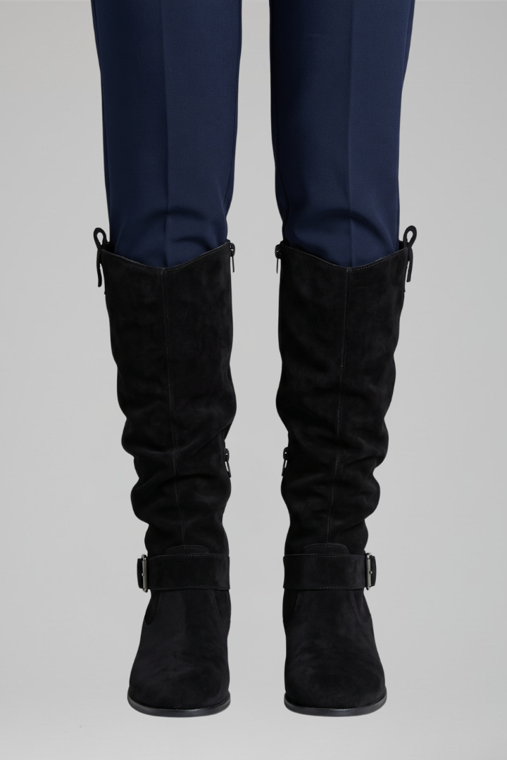 Women's beige knee-high boots with side zip closure and faux suede finish