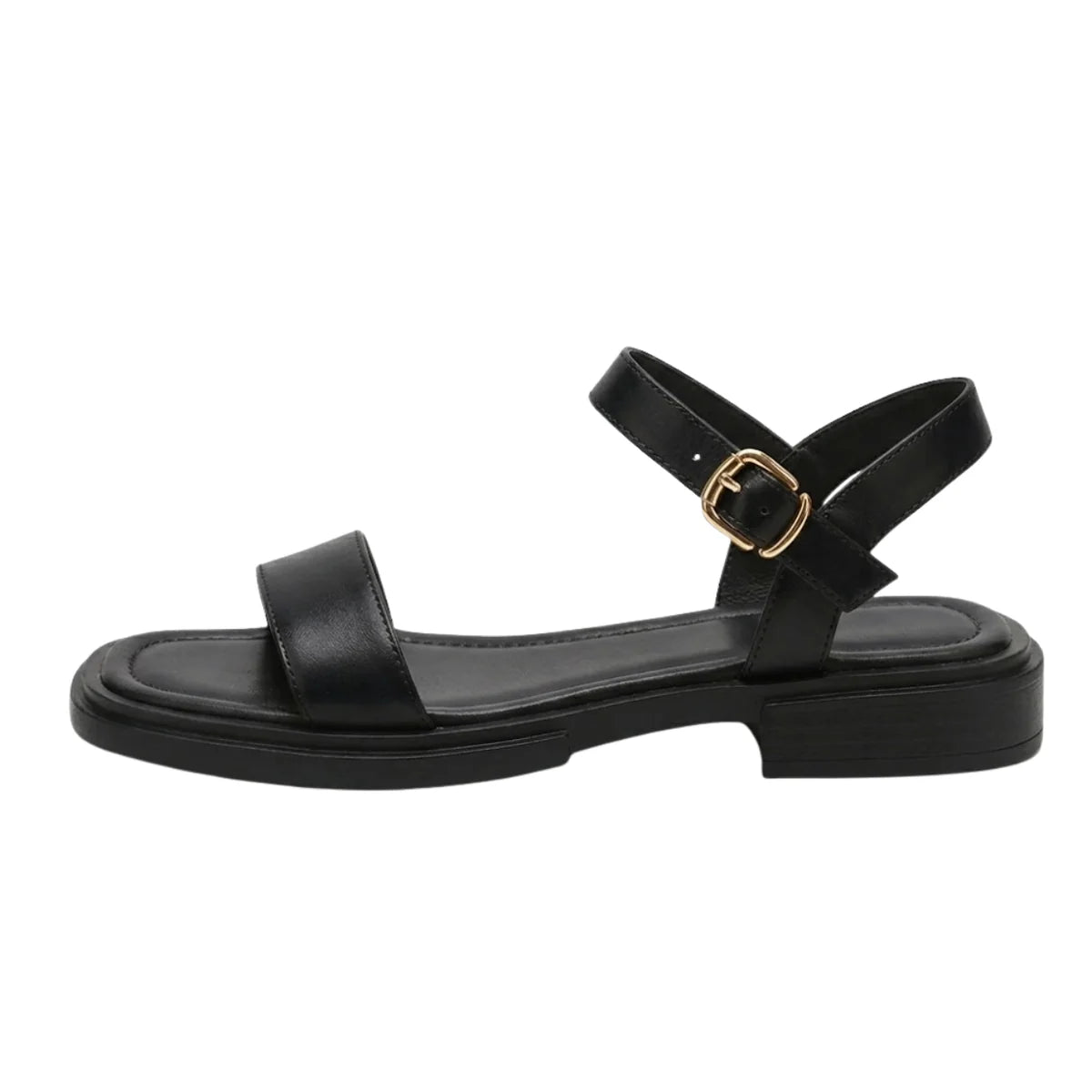 Women's black ankle strap flat sandals with cushioned footbed