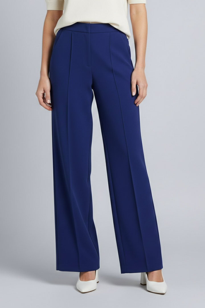 Women's navy blue pleat front palazzo trousers with a high waist wide leg fit