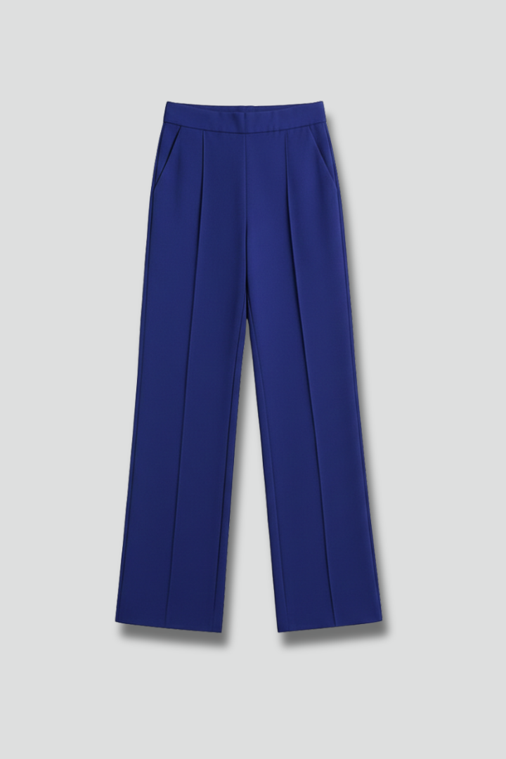 Women's navy blue pleat front palazzo trousers with a high waist wide leg fit
