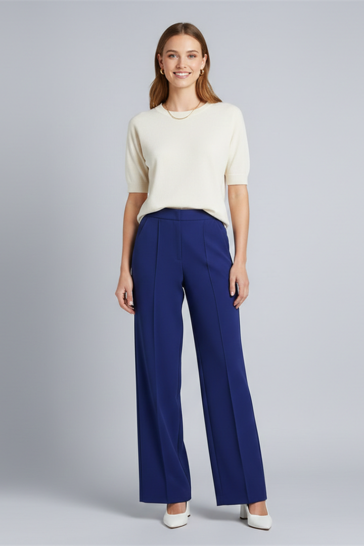 Women's navy blue pleat front palazzo trousers with a high waist wide leg fit