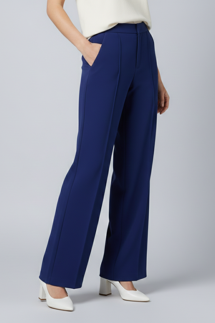 Women's navy blue pleat front palazzo trousers with a high waist wide leg fit