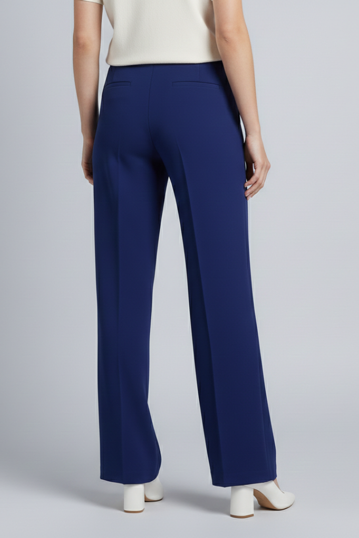 Women's navy blue pleat front palazzo trousers with a high waist wide leg fit