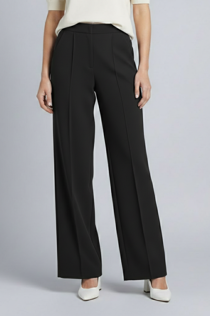 Women's black pleat front palazzo trousers with a high waist wide leg fit