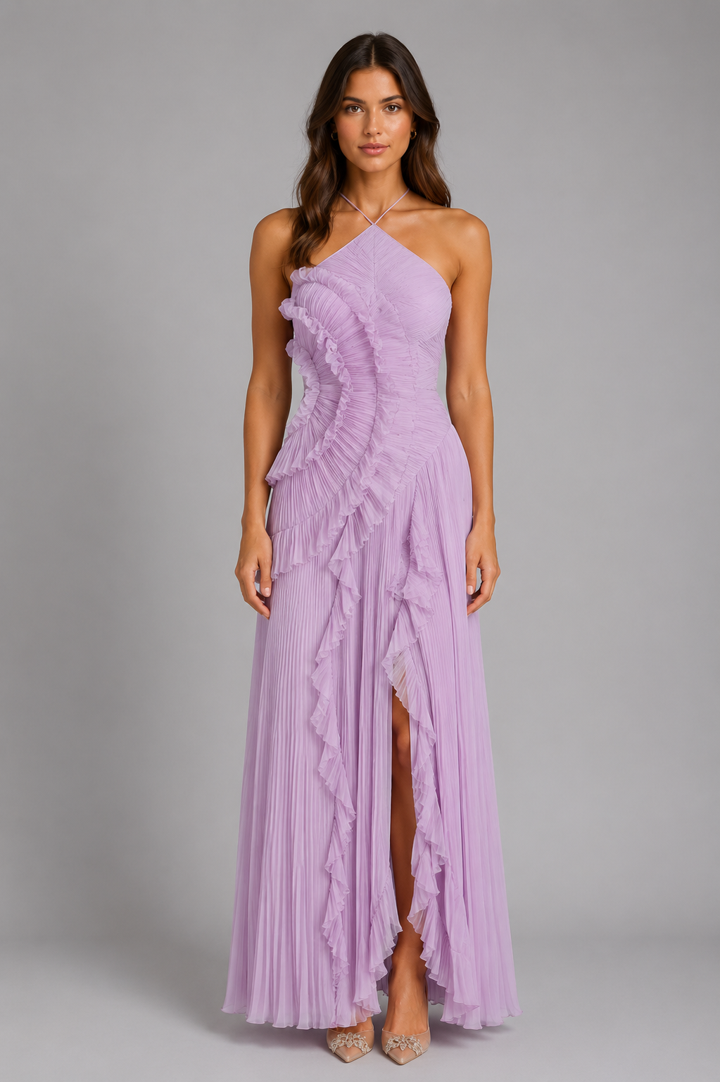 Women's lilac pleated ruffle halter maxi dress