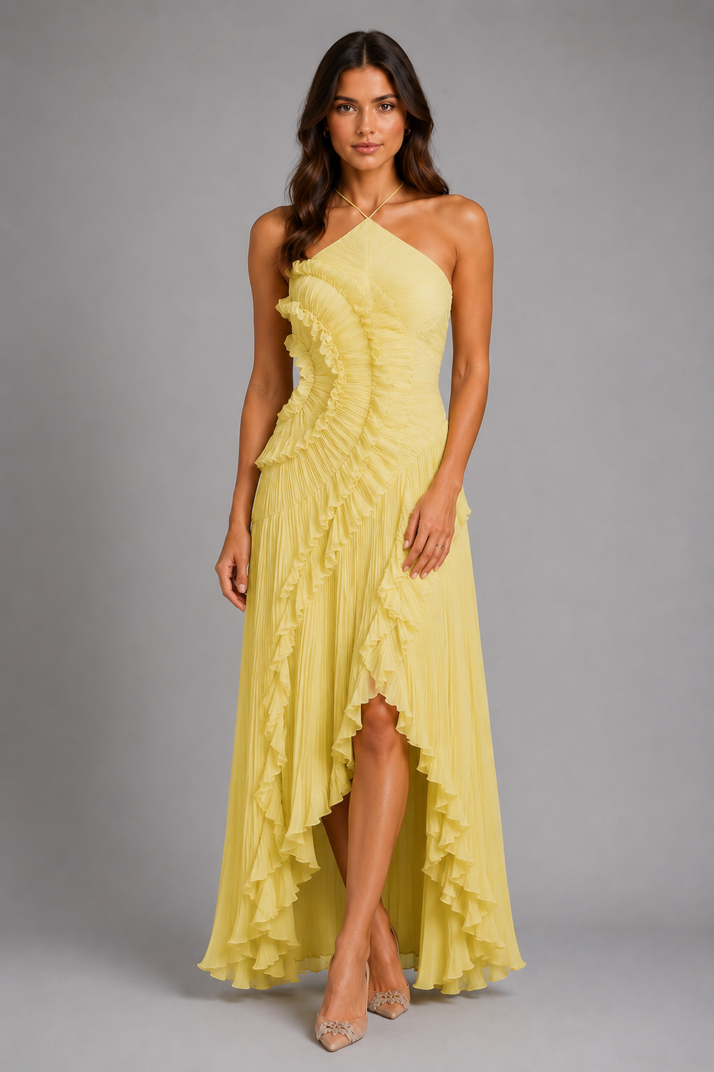 Women's lilac pleated ruffle halter maxi dress