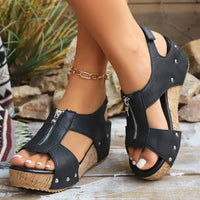 Women's Sandals Cork Wedge Platform Zip-Front