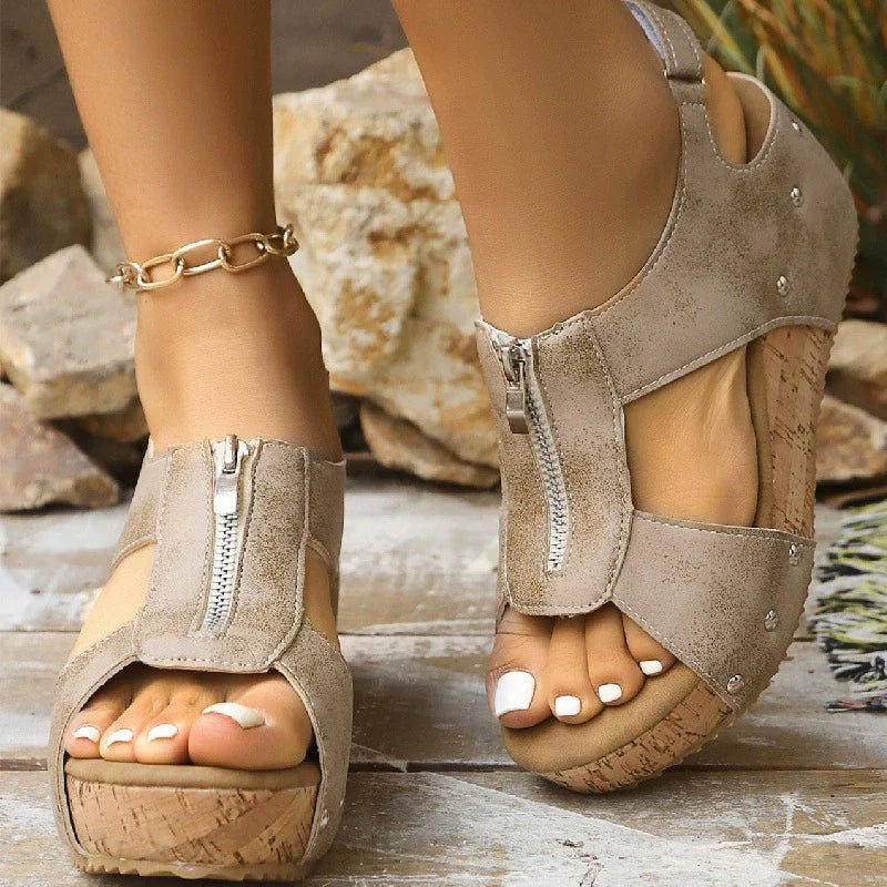 Women's Sandals Cork Wedge Platform Zip-Front 2
