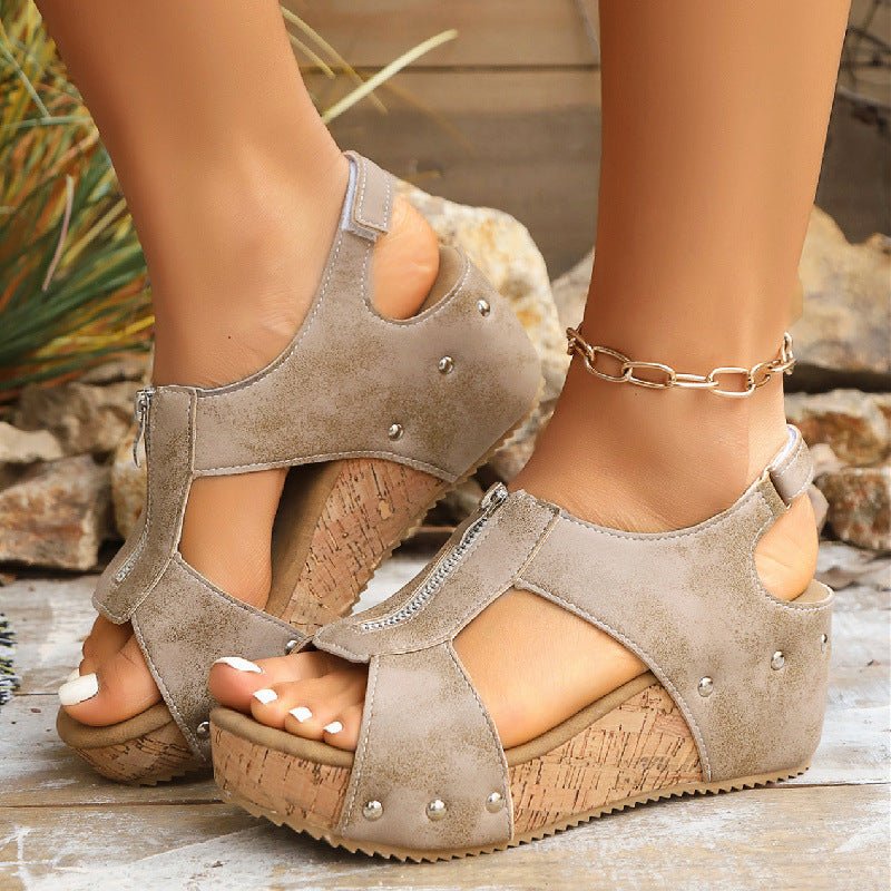 Women's Sandals Cork Wedge Platform Zip-Front 3