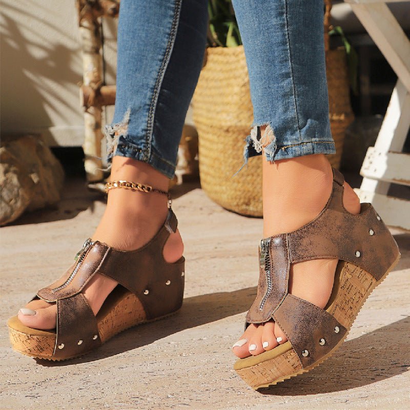 Women's Sandals Cork Wedge Platform Zip-Front 5