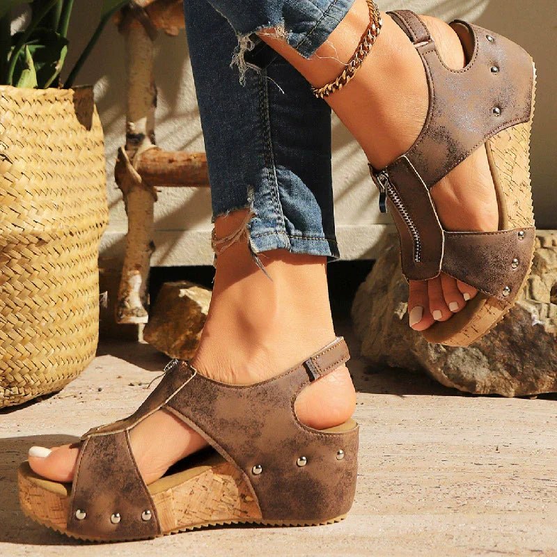 Women's Sandals Cork Wedge Platform Zip-Front 6