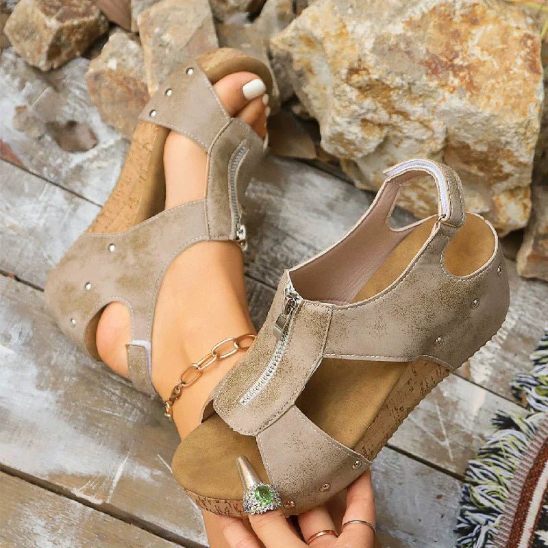 Women's Sandals Cork Wedge Platform Zip-Front 9