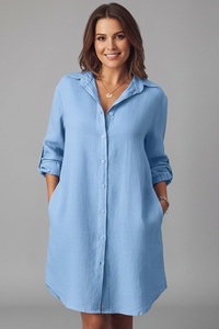 Women's Button-Through Shirt Dress with Collar and Side Pockets
