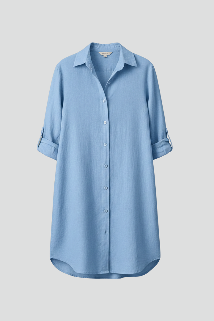 Women's blue button-through shirt dress with collar and side pockets