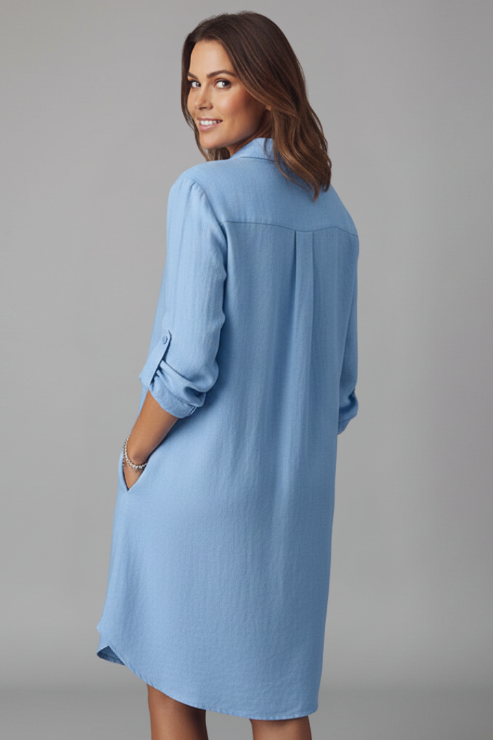 Women's blue button-through shirt dress with collar and side pockets