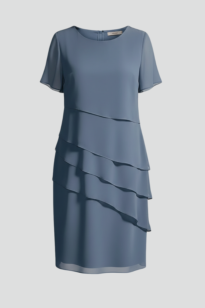 Women's blue short sleeve dress with layered front panel