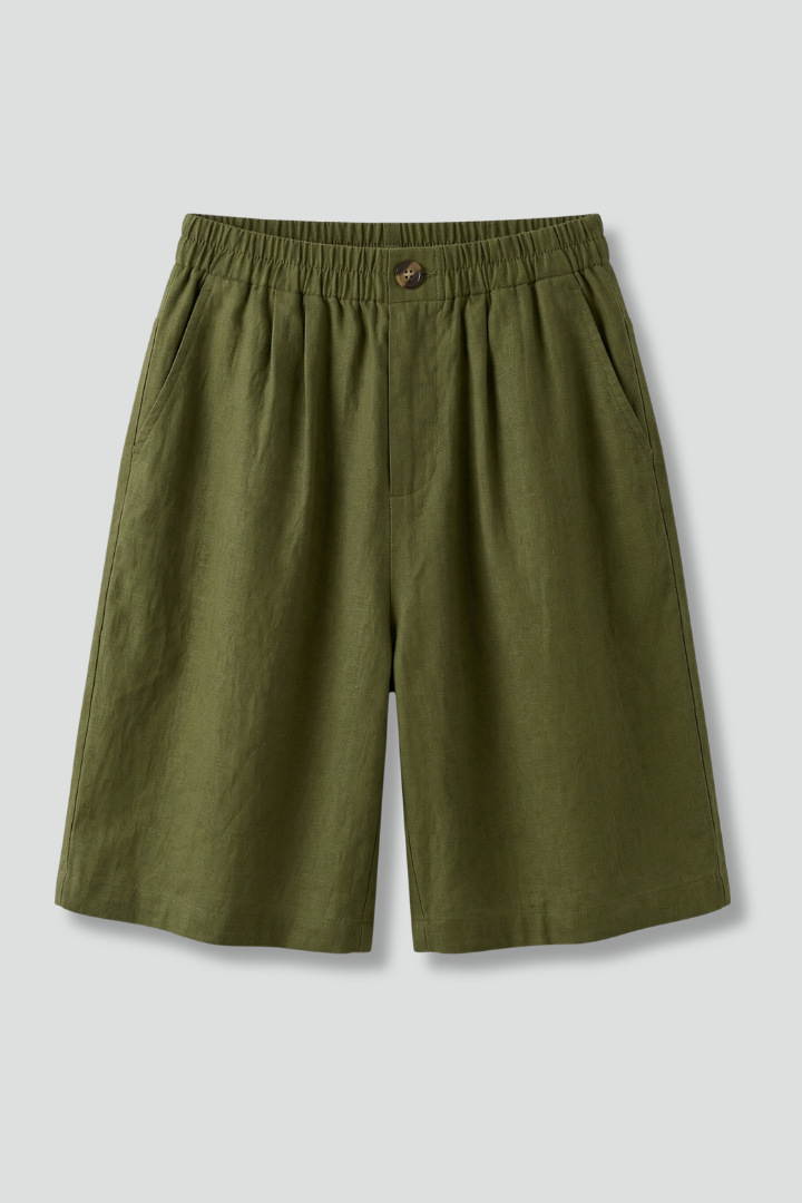 Women's army green elasticated waist shorts with drawstring and side pockets