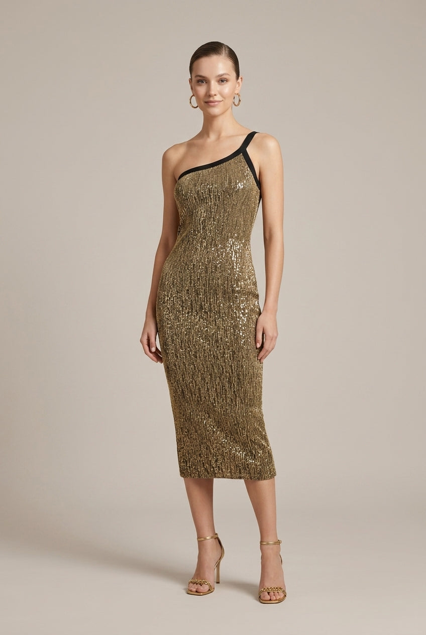 Women's gold one shoulder sequin bodycon cocktail dress