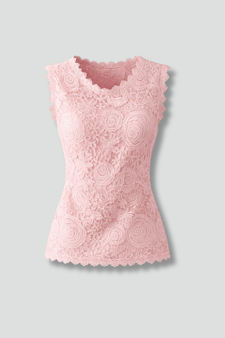 Women's pink sleeveless lace shell top with scalloped V-neck