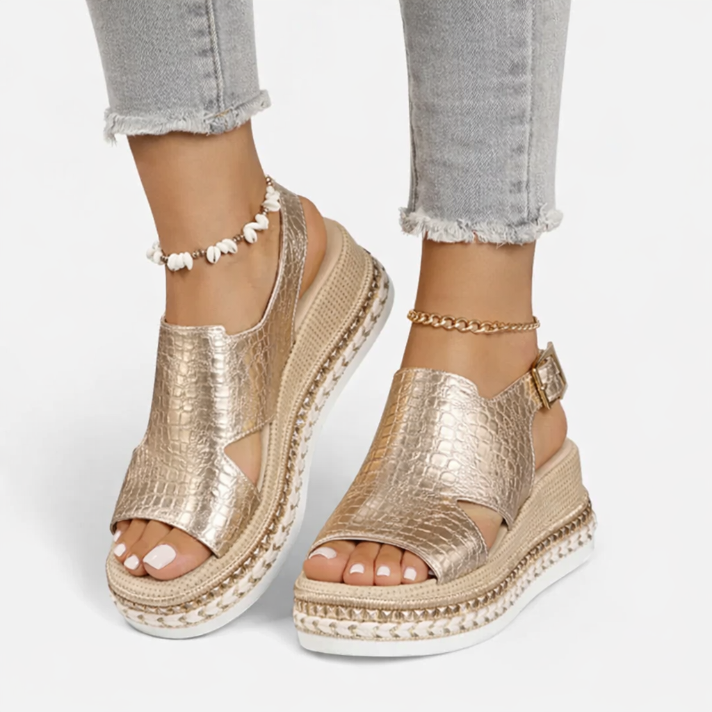 Women's silver metallic espadrille wedge sandals