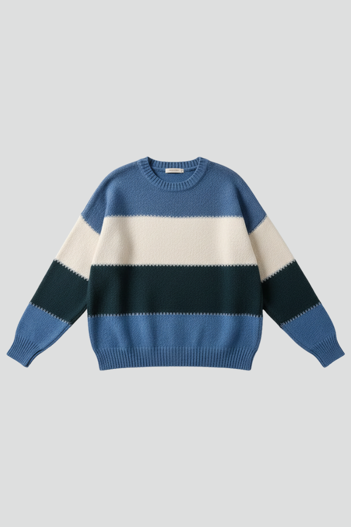 Women's blue striped knit jumper with a relaxed fit and simple neckline