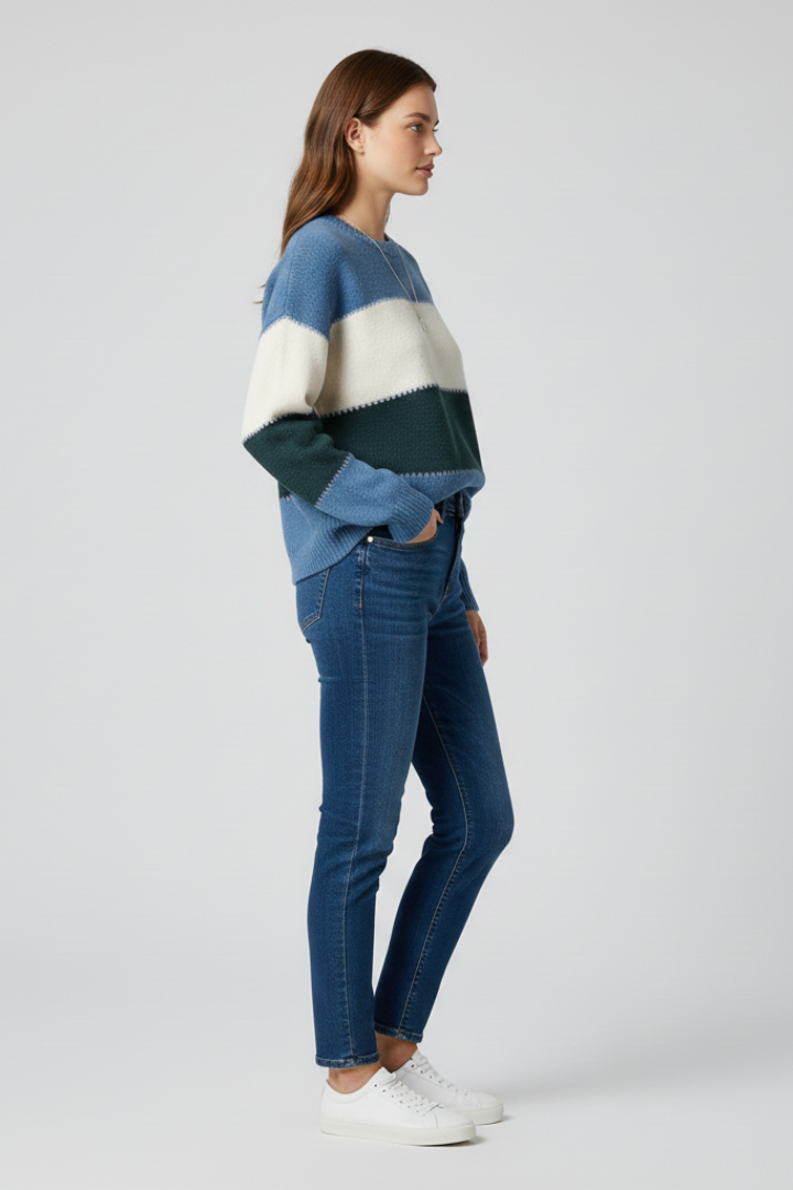 Women's blue striped knit jumper with a relaxed fit and simple neckline