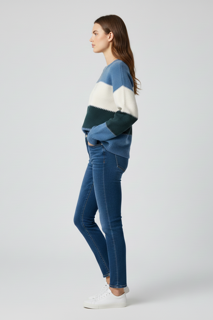 Women's blue striped knit jumper with a relaxed fit and simple neckline