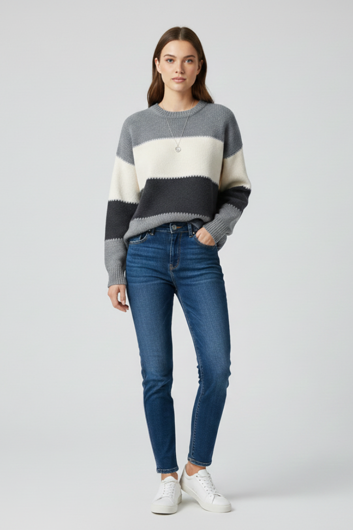 Women's blue striped knit jumper with a relaxed fit and simple neckline