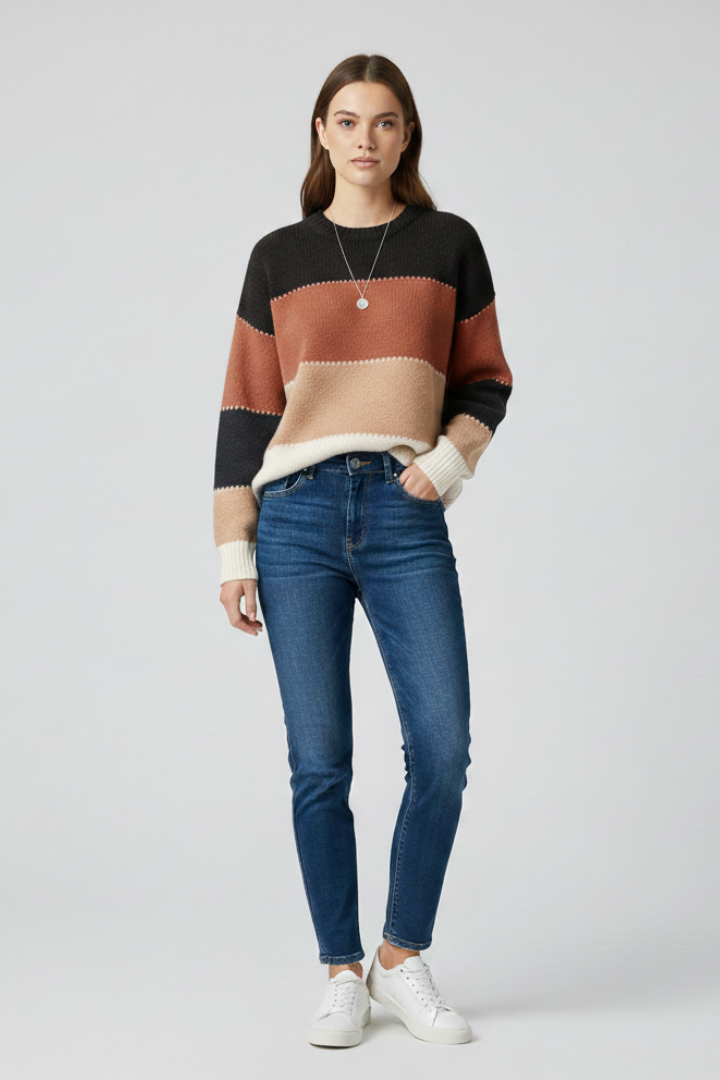 Women's blue striped knit jumper with a relaxed fit and simple neckline
