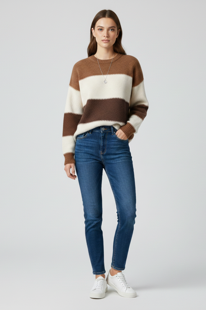 Women's blue striped knit jumper with a relaxed fit and simple neckline