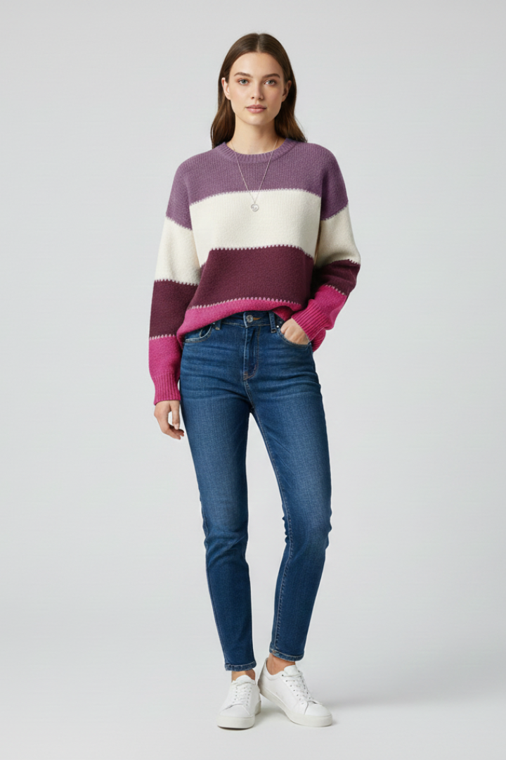 Women's grey striped knit jumper with a relaxed fit and simple neckline