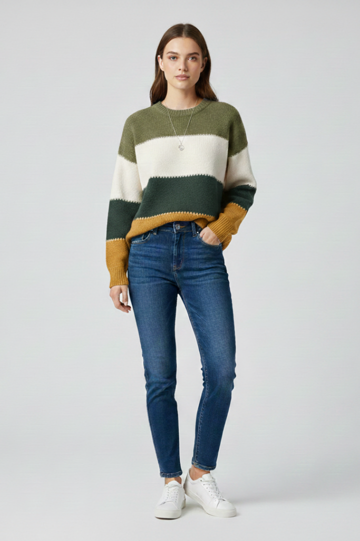Women's grey striped knit jumper with a relaxed fit and simple neckline