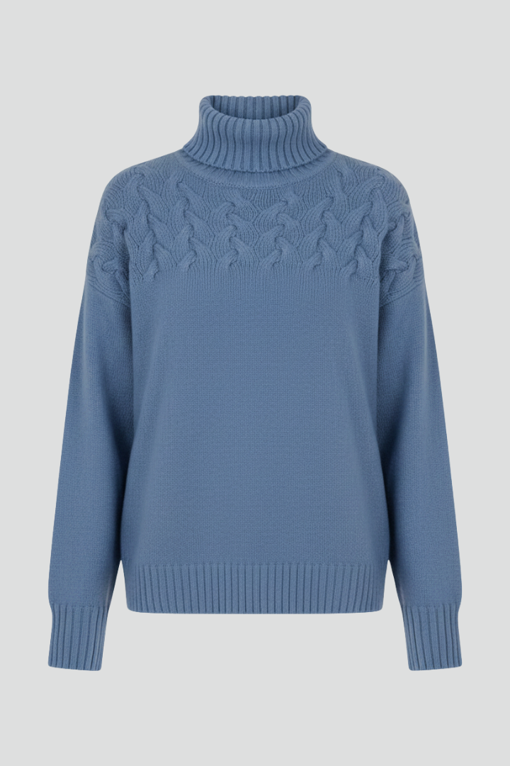 Women's sky blue turtleneck cable knit jumper with ribbed cuffs and hem