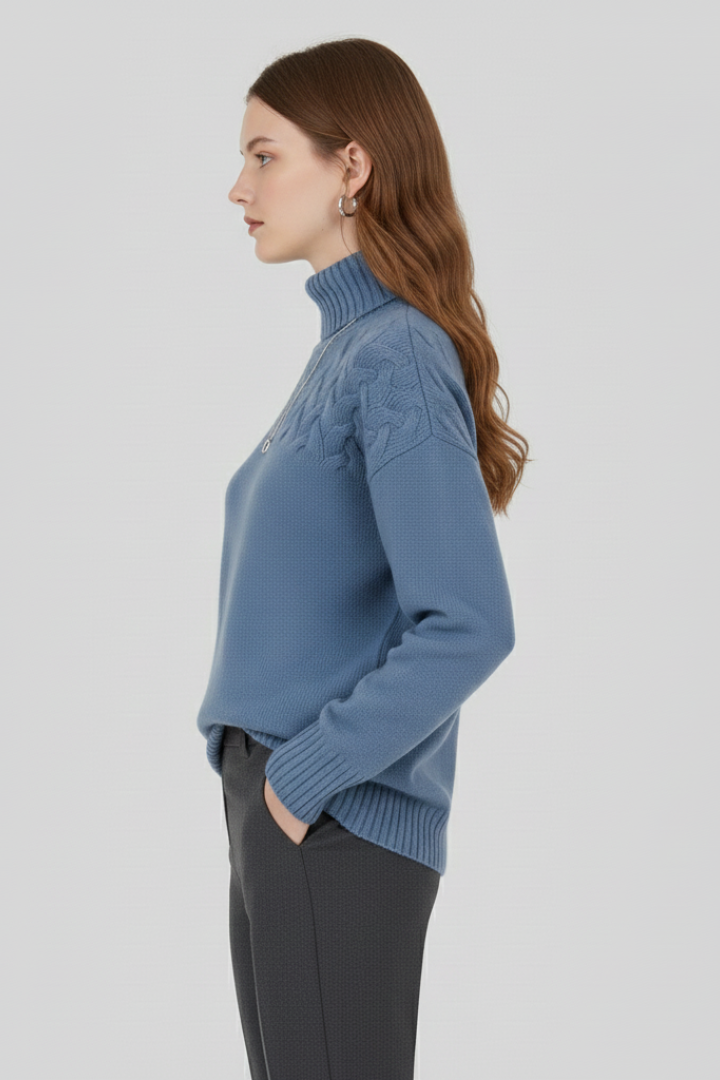 Women's sky blue turtleneck cable knit jumper with ribbed cuffs and hem
