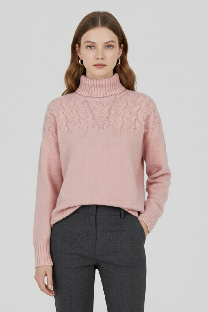 Women's sky blue turtleneck cable knit jumper with ribbed cuffs and hem