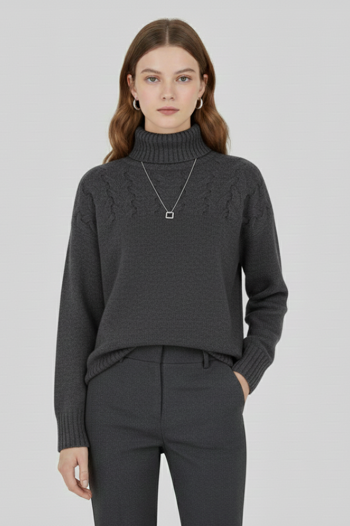 Women's sky blue turtleneck cable knit jumper with ribbed cuffs and hem