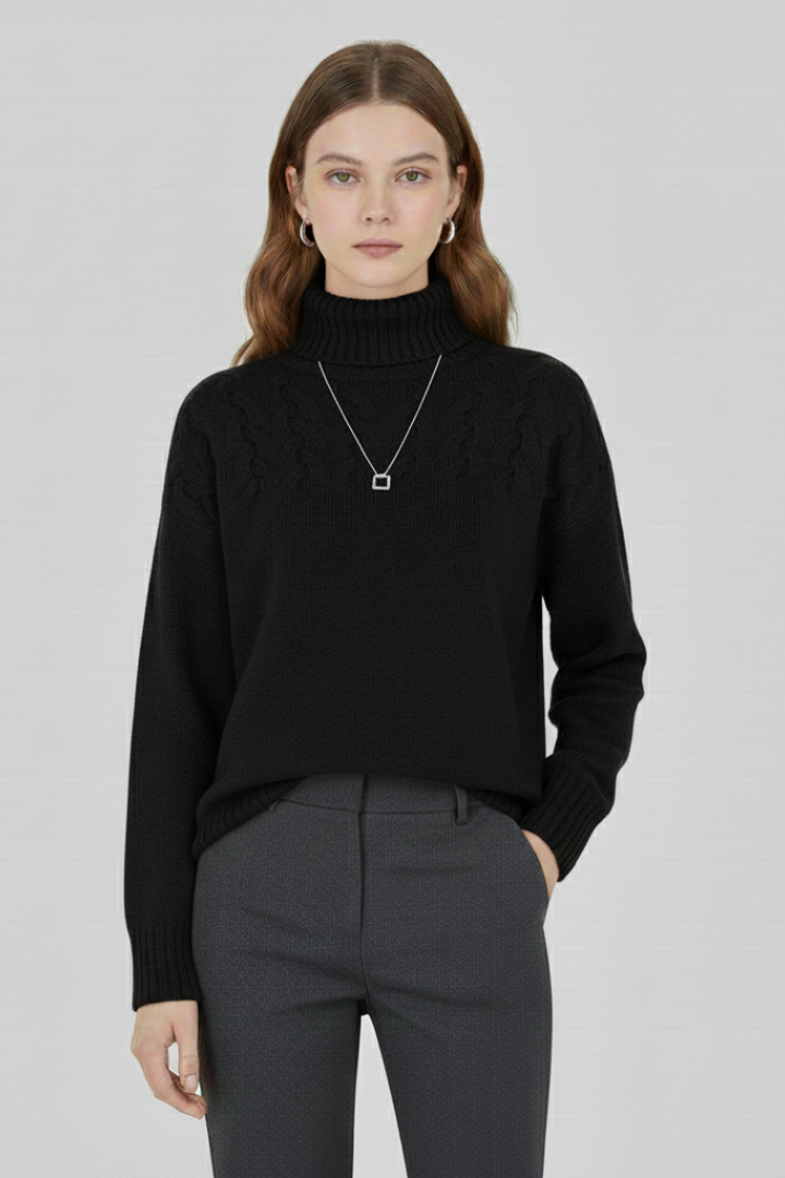 Women's sky blue turtleneck cable knit jumper with ribbed cuffs and hem