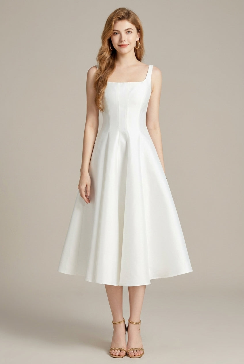 Women's white square neck A line midi dress sleeveless