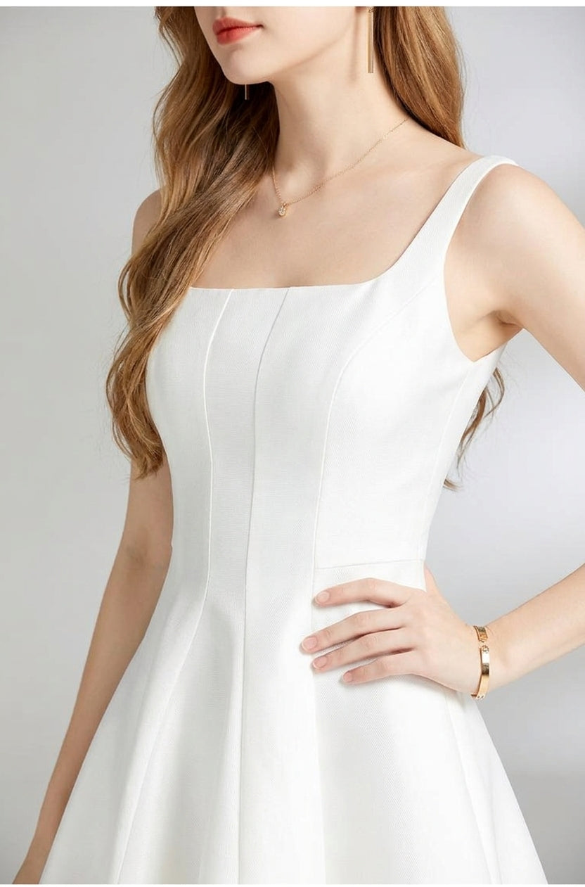 Women's white square neck A line midi dress sleeveless