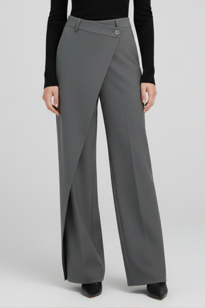 Grey straight-leg trousers featuring a tailored asymmetric front panel design