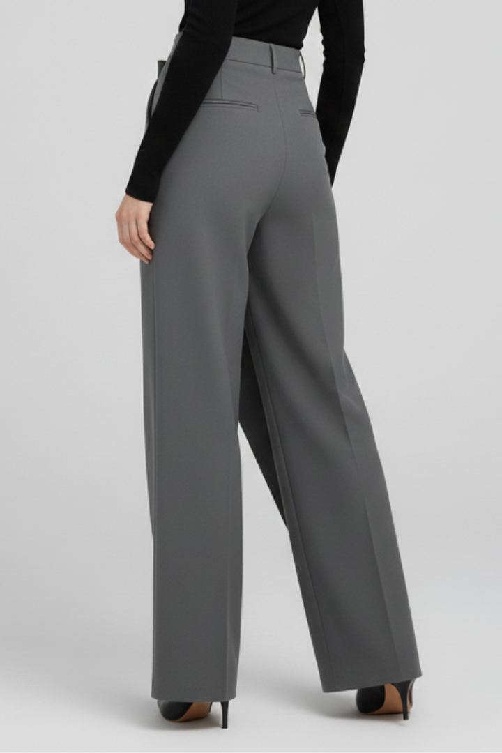 Grey straight-leg trousers featuring a tailored asymmetric front panel design