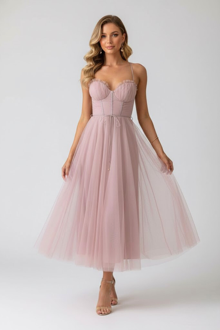 Women's pink corset tulle prom midi dress with sweetheart neckline