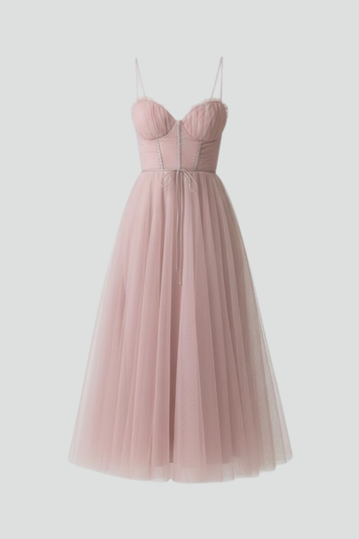 Women's pink corset tulle prom midi dress with sweetheart neckline