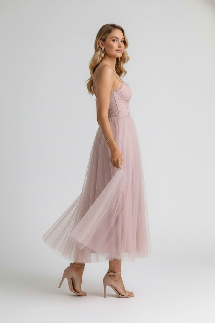 Women's pink corset tulle prom midi dress with sweetheart neckline