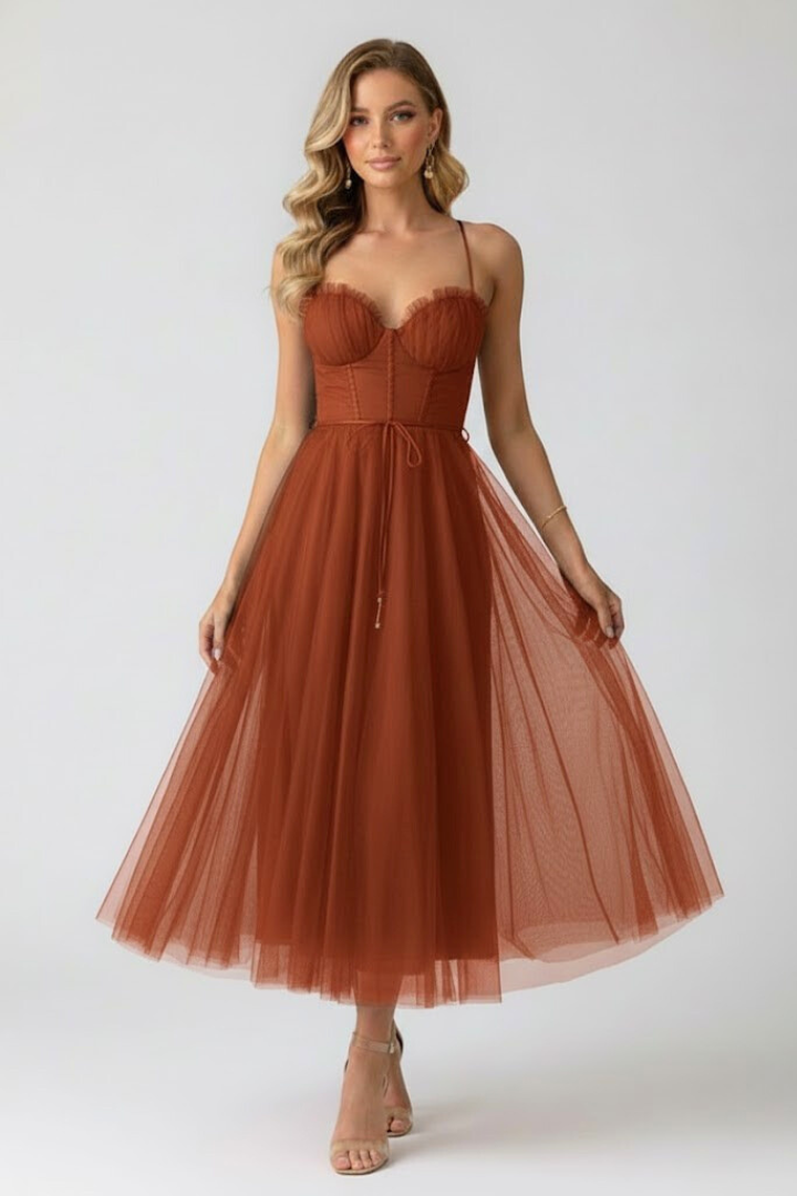 Women's black corset tulle prom midi dress with sweetheart neckline