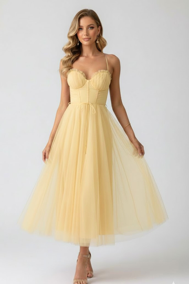 Women's black corset tulle prom midi dress with sweetheart neckline