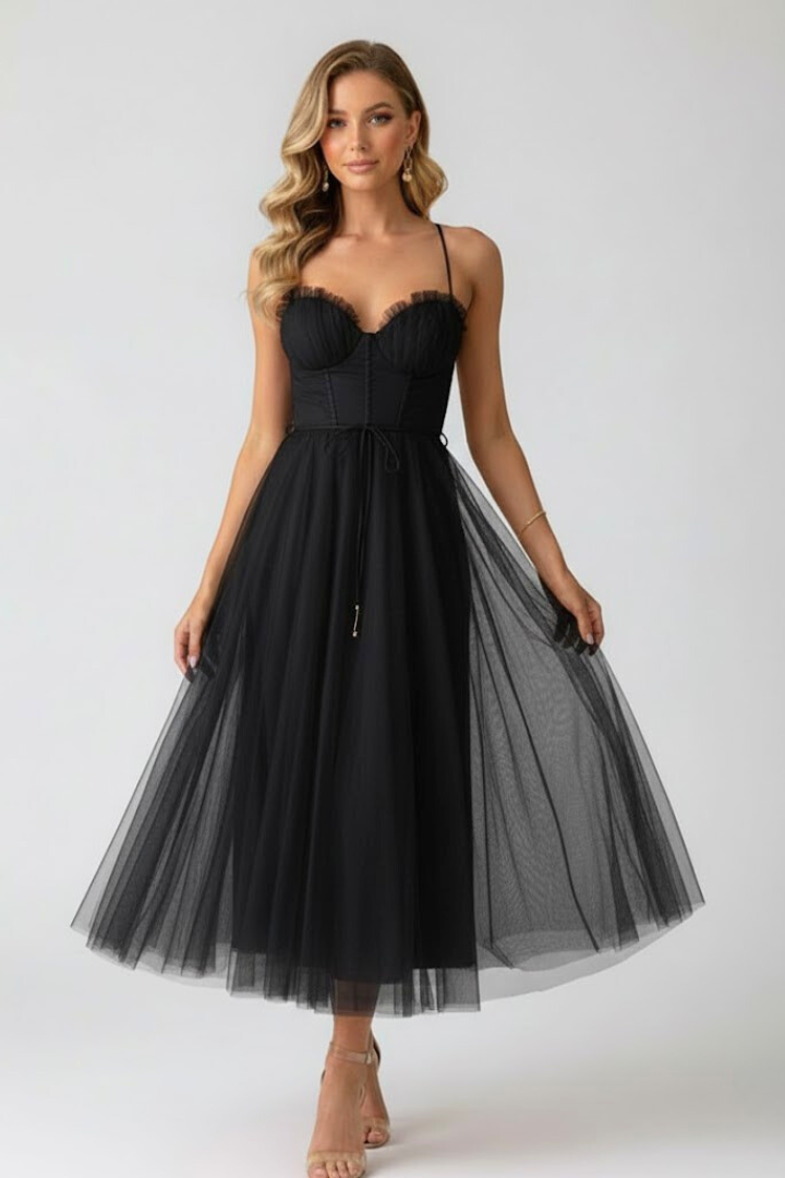 Women's black corset tulle prom midi dress with sweetheart neckline