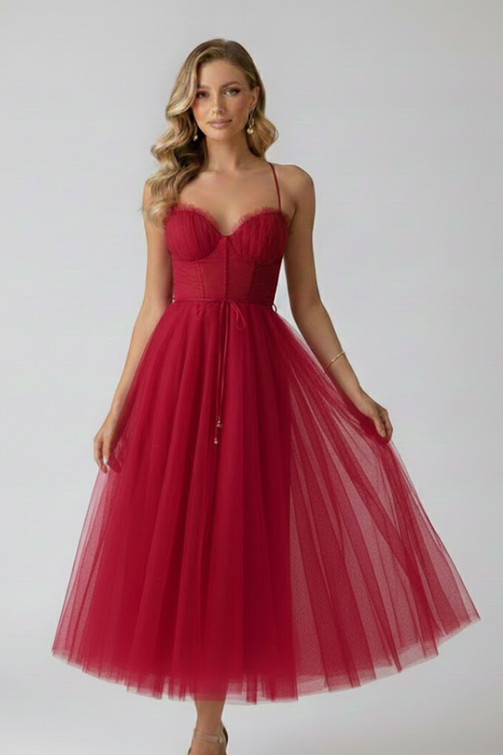 Women's brown corset tulle prom midi dress with sweetheart neckline