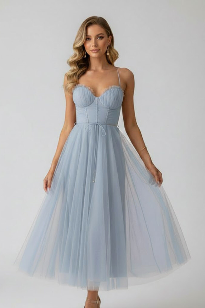 Women's brown corset tulle prom midi dress with sweetheart neckline
